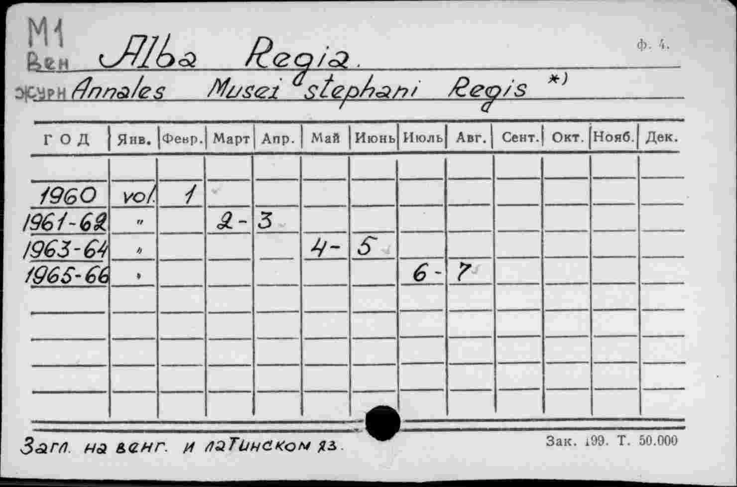 ﻿ф. 4.
fell	Re а/<2.________________
Wiwflnna/es___Musei astephar>/__£ep/s *\
ГОД	Янв.	Фекр.	Март	Апр.	Май	Июнь	Июль	Авг. 1	Сент.	Окт.	Нояб.	Дек.
												
/960	ио/	/										
/96/-GS.	п		А-	3								
/963	4				àz							
/965- 6й							6-	Г				
												
												
												
												
										■'■■■		
Загл нл миг. и л aTи на кон
Зак. 199- Т. 50.000